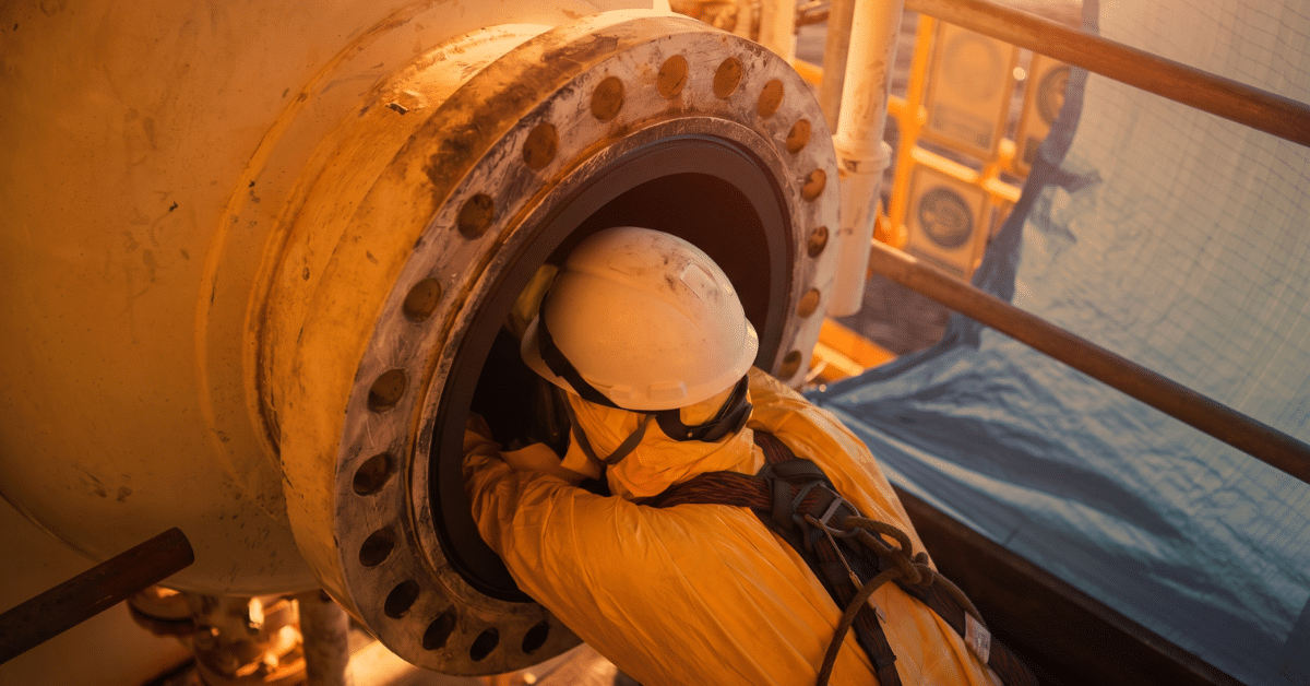 Worker cleaning internal pressure vessel